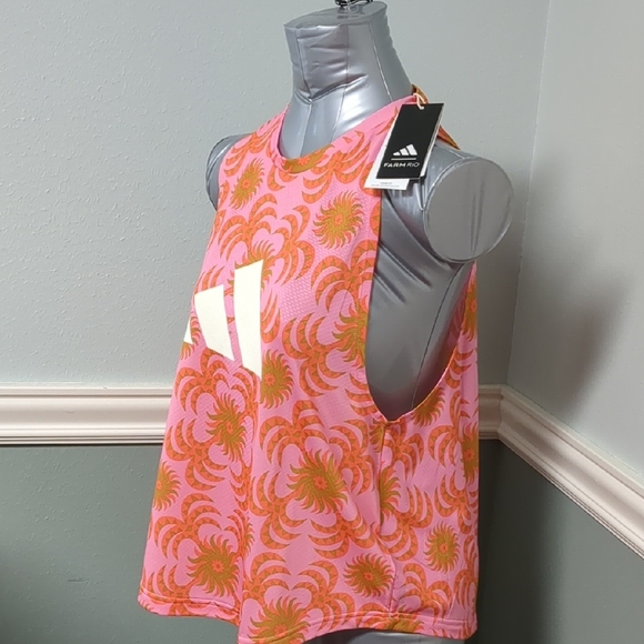 Adidas Pink and Orange Floral Tank Top Loose Fit Style. Size S Fits Size M Too. - Picture 3 of 6